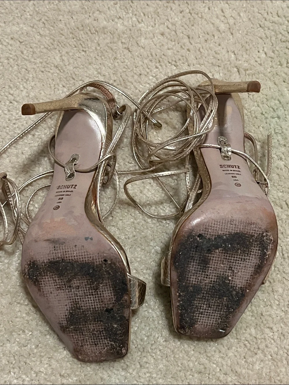 SCHUTZ Metallic Gold Snake-Embossed Lace-Up Stiletto Sandals